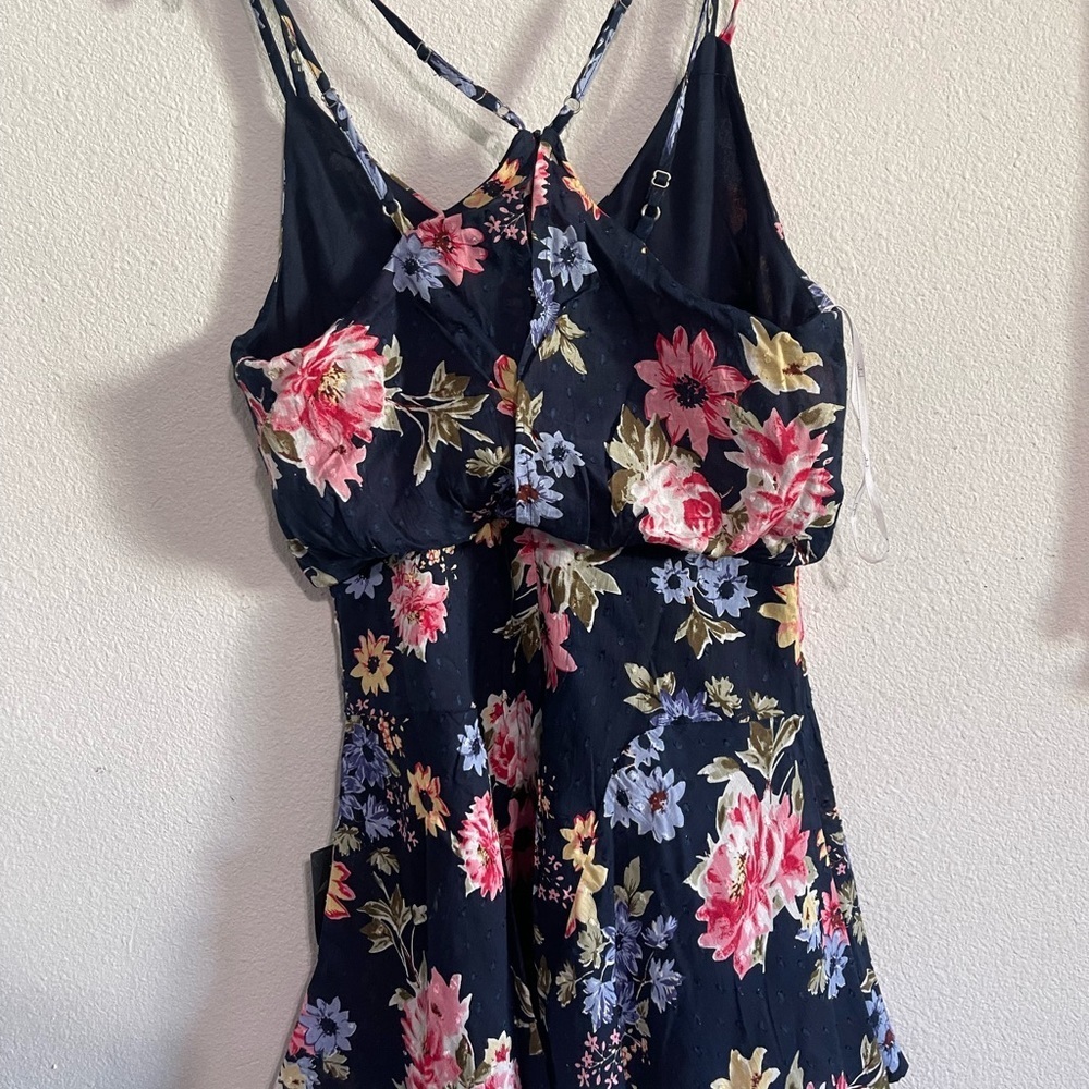 Lulus Navy Floral Print Clip Dot Mini Dress